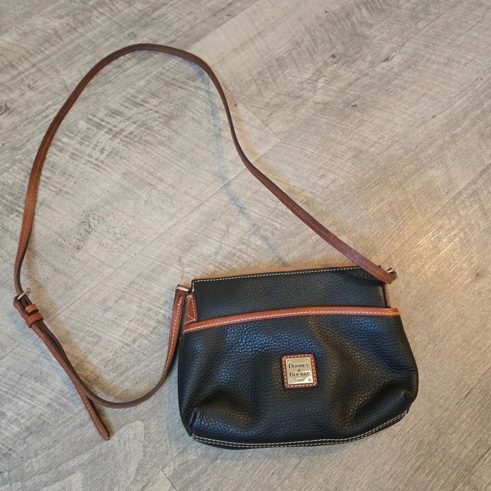 Dooney & Bourke Black Pebble Leather Crossbody Bag with Brown Trim